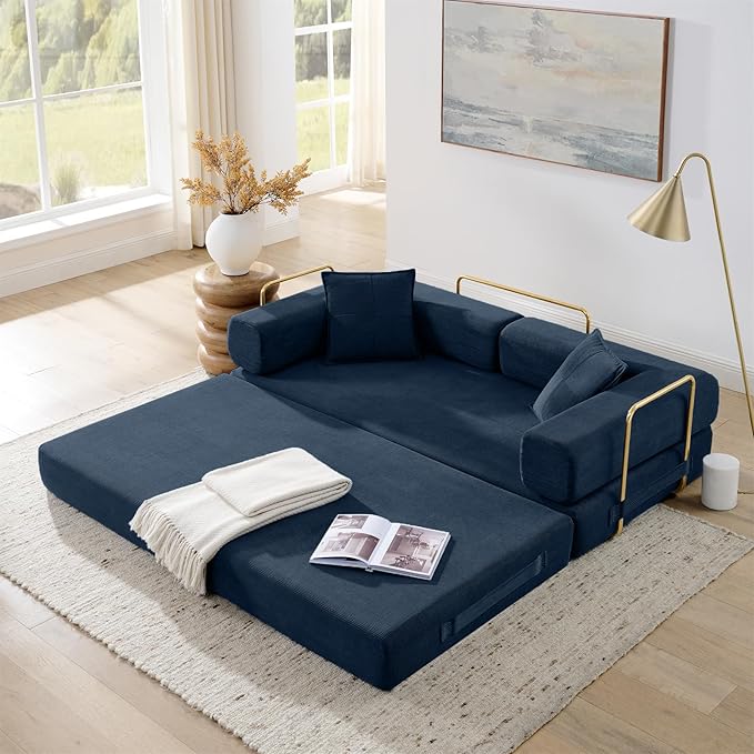 4-in-1 Folding Convertible Floor Sofa Bed 78 Oversized Compression Sofa No Assembly Required King Futon Lazy Couch Corduroy Loveseat Sleeper with Pull Out Bed Modular Futon Couch (Blue)