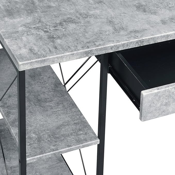 Penau Grey and Black Office Desk with Hutch Sturdy Writing Desk with 1 Drawer and 8 Open Shelves Modern Design for Office and Recording Studio