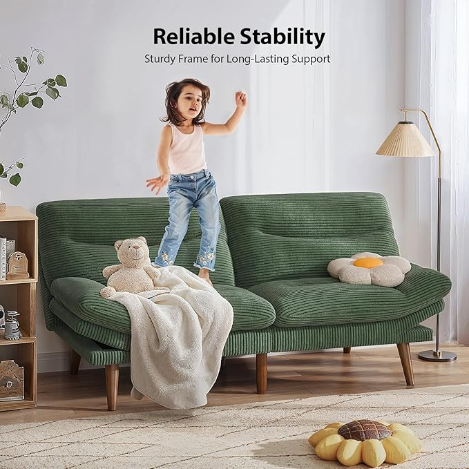 Pipishell Futon Sofa Bed Modern 66 Futon Couch Convertible to Bed &amp Lounger Compact Size Corduroy Loveseat Durable Construction - Fits Small Spaces ApartmentsStudy Room(Seaweed Green 66 In