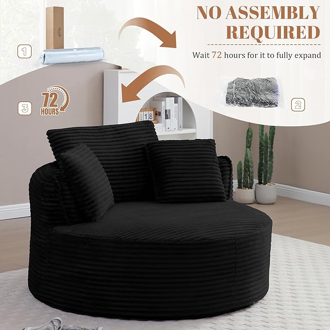 53W Oversized Round Chair Lounge Chaise Indoor Corduroy Comfy Circle Reading Armchair Upholstered Modern Cloud Boneless Chairs Cozy Floor Sofa Chair for Living Room Bedroom Apartment(Black)