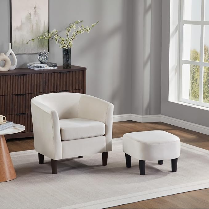 Velvet Accent Chair with Ottoman Modern Barrel Armchair Plush Lounge Chair for Living Room Bedroom Reading Nook 4 Colors (White)