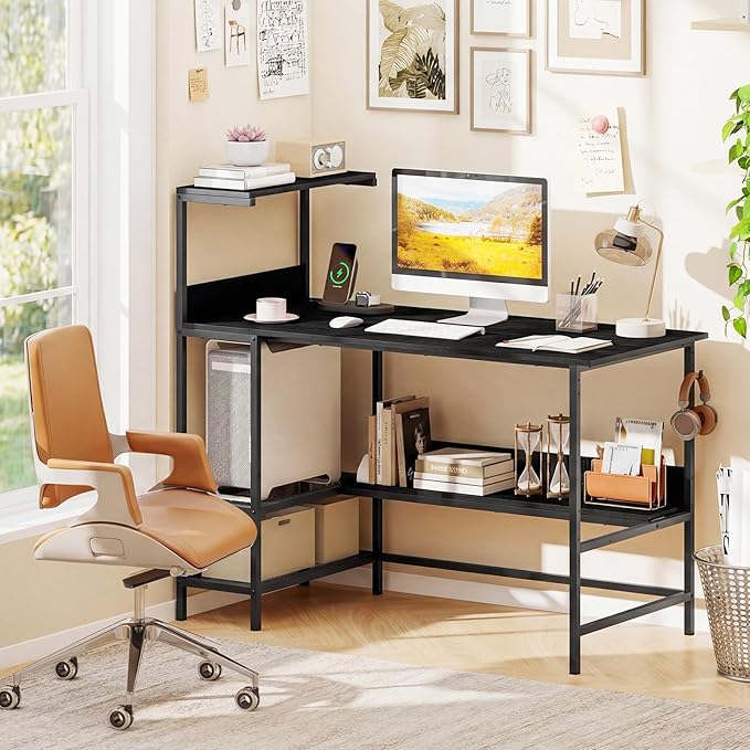Giantex 48 Computer Desk with Charging Station Reversible Writing Desk with Storage Shelves &amp Headphone Hook Small Gaming Desk Industrial Computer Workstation for Home Office (Black)