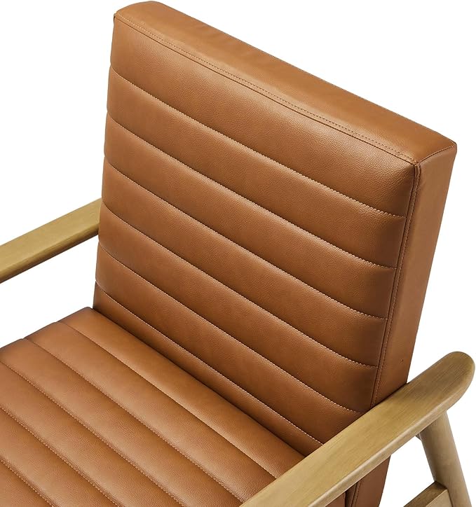 Modway Jensen Vegan Leather Accent Chair in French Oak Tan - Mid-Century Modern Armchair with Solid Wood Legs &amp Armrest - Upholstered Faux Leather Single Side Chair - Reading Chair for Living Room