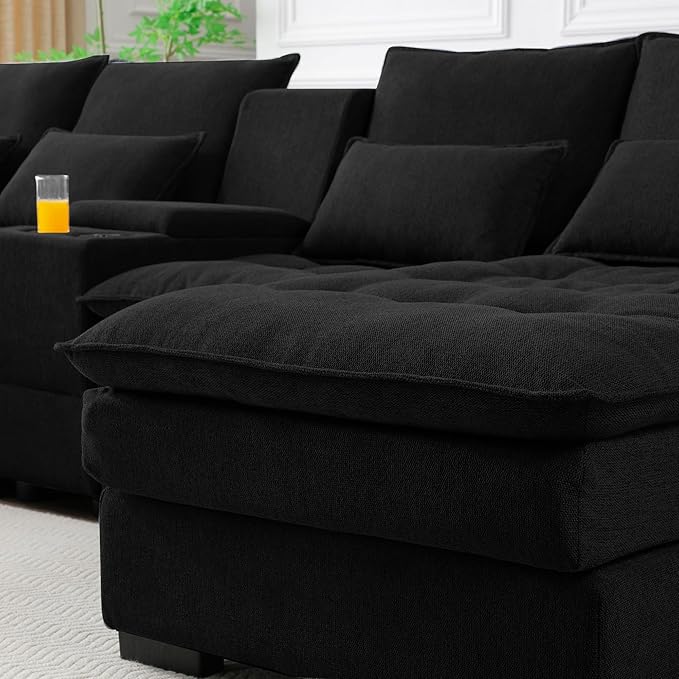 130 U-Shaped Modular Sectional Sofa Oversized Cloud Couches with Storage Console &amp Cup Holders Linen Sofa with Chaise/Pillows 6-Seater Deep Seat Couches for Living Room (Black) | Breathable ma