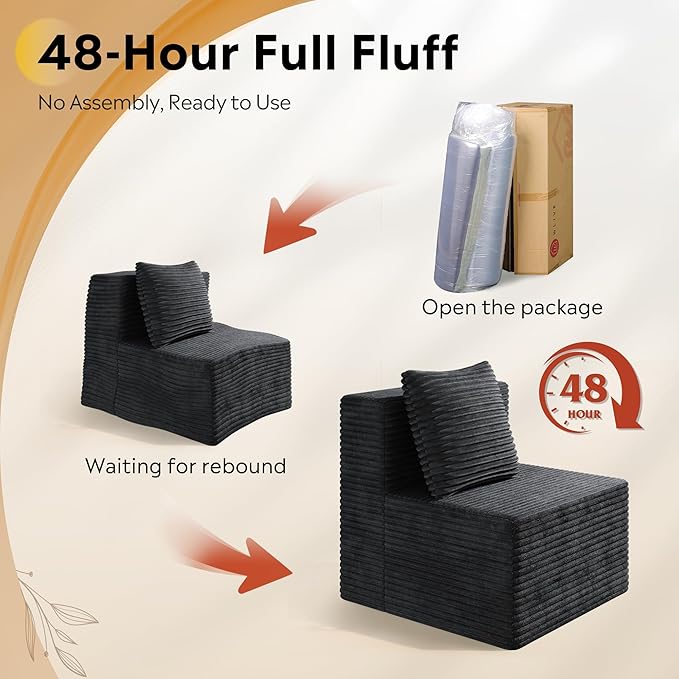 WLIVE 32'' Middle Sofa Seat of Cloud Sectional Couches for Living Room Boneless Armless Chair Memory Foam Corduroy Black