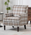 Vintage Upholstered Mid Century Accent Armchair with Solid Wood Frame &amp Plush Cushion for Living Room Bedroom Office - Mocha Check