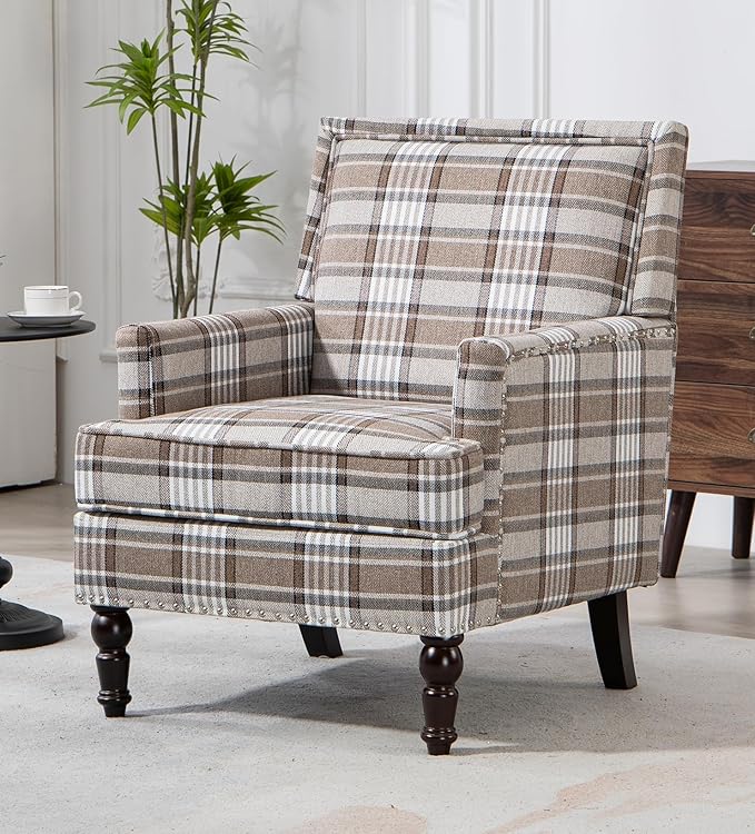 Vintage Upholstered Mid Century Accent Armchair with Solid Wood Frame &amp Plush Cushion for Living Room Bedroom Office - Mocha Check