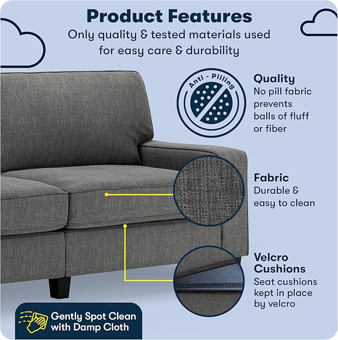Serta Palisades 78 Track Arm Sofa Easy Care Polyester Soft Pillow Back Pocket Coil Seat Cushions Removable Covers Loveseat or Couch for Small Spaces Living Rooms or Bedrooms Gray