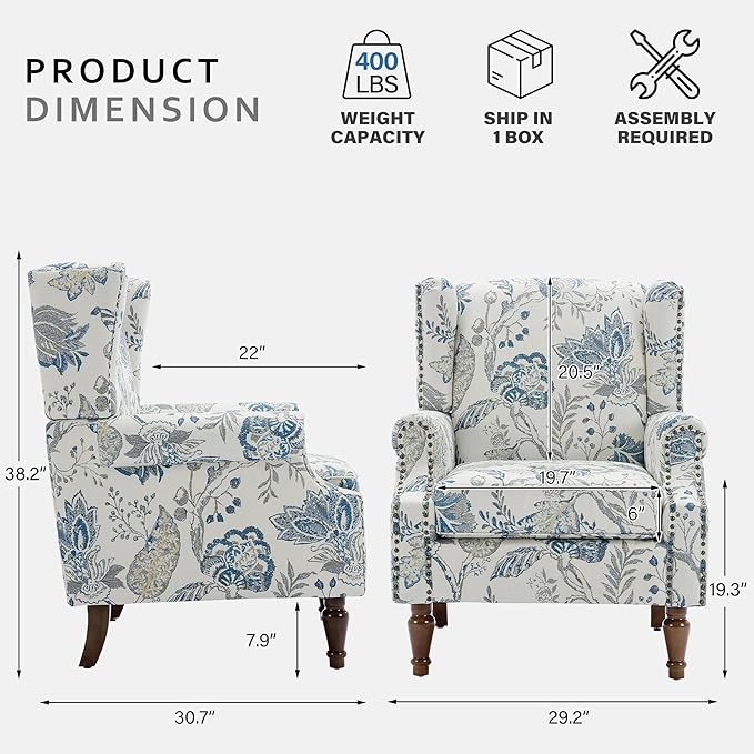 Lumibee High Back Accent Chair Set of 2 Armchair in FabricComfy Upholstered Wingback Single Sofa Reading Chairs with Solid Wood Legs for Living RoomBedroomOffice-Plants Blue