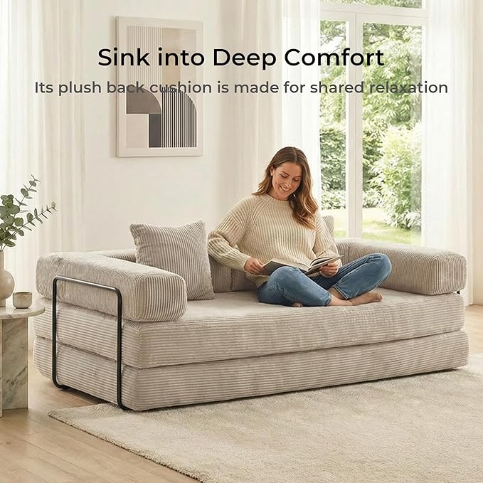 WELAX 77 Convertible Sleeper Sofa Bed Boneless Cloud Queen Futon Couches with 2 Pillows &amp Removable Armrests Corduroy Folding Floor Couch No Assembly for Bedroom Living Room Light Grey
