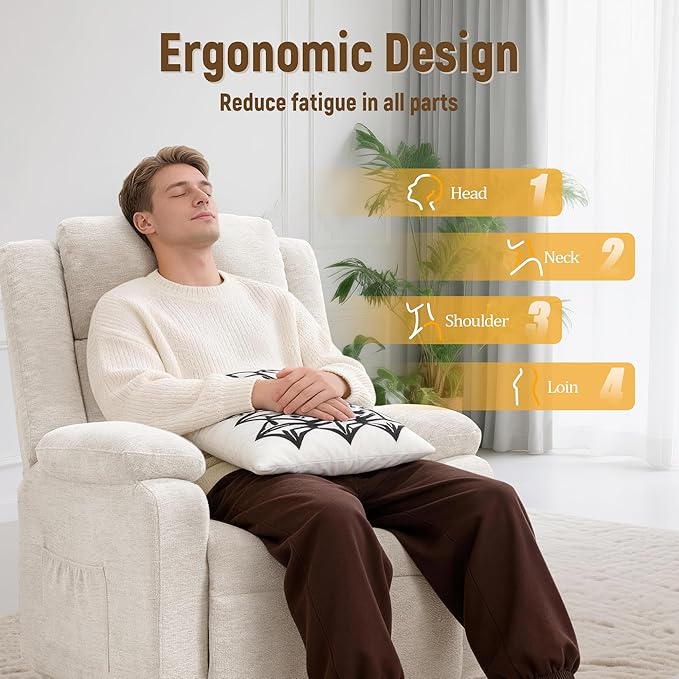 Power Recliner Chair Living Room Chairs for Adults Oversized Electric Recliner with Side Pockets Chenille Fabric Reclining Chair for Living Room Bedroom