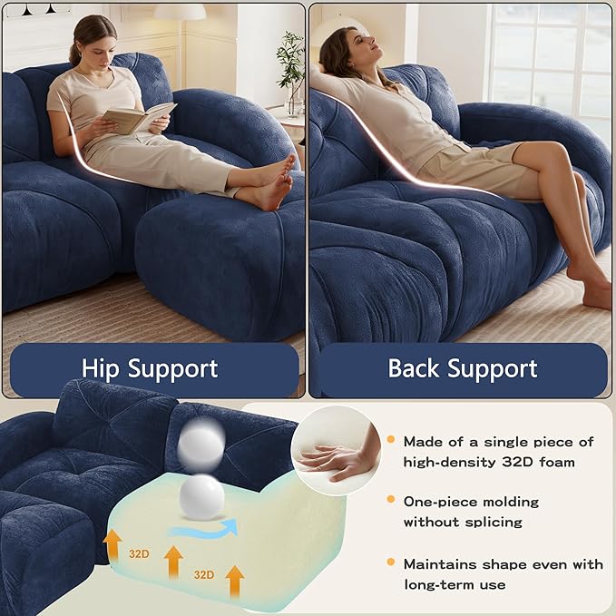 Boneless Couch Modular Sectional Sofa 80.3 U Shaped Sectional Couches for Living Room Upholstered Cloud Couch Retro Velvet Floor Sofa with Ottoman Deep Seat Loveseat for BedroomBlue