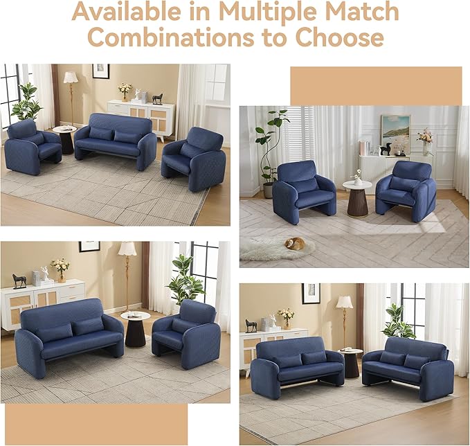 Corduroy Accent Living Room Sets Modern Upholstered Love Seat with 2 Accent Chairs Wide Comfy Leisure Chair Sets for Bedroom Office Blue