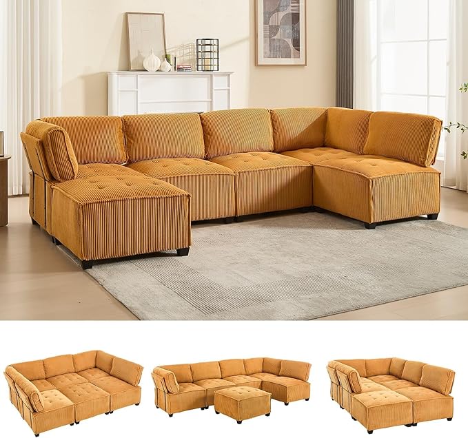 121 Inch Cloud Oversized Modular Sectional Sofa U Shaped Modular Couch with Reversible Chaise Comfy 6 Seat Convertible Sectional Sofa with Ottoman for Living Room Mustard Yellow
