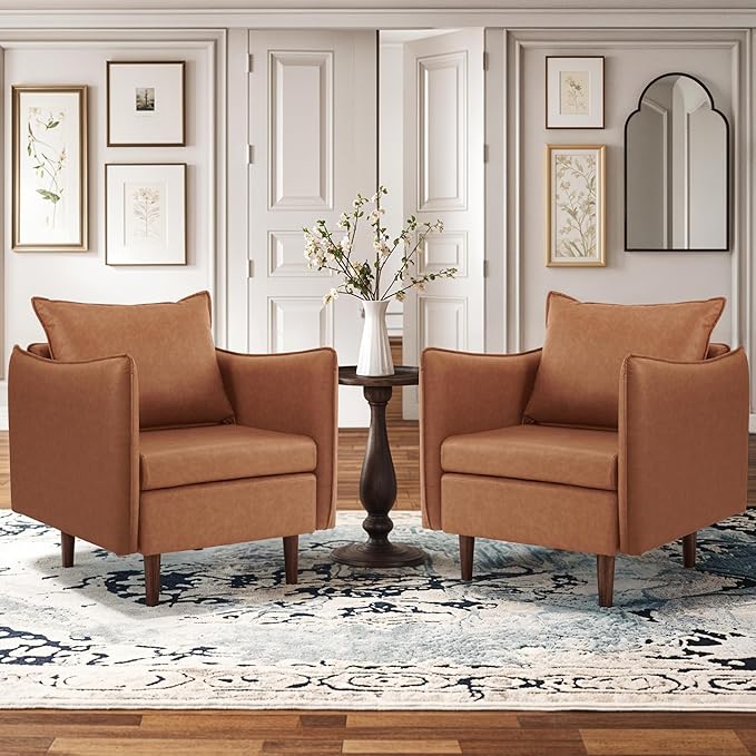 Sepnine Accent Chairs Set of 2 for Living Room Brown Armchair Reading Chair for Bedroom Mid Century Modern Club Chairs Upholstered Comfy Chair for Apartment Waiting Room