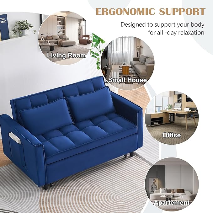3 in 1 Convertible Sleeper Sofa Bed Modern Velvet Loveseat Pull-Out Couch Futon Love Seat Lounge Sofa with Pull-Out Bed &amp Adjustable Backrest and Side Pocket for Small Apartment Bedroom | Conve