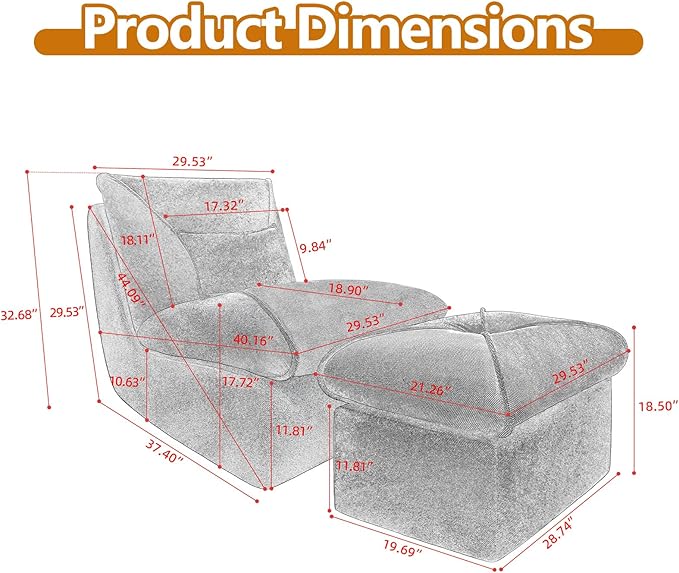 29” Oversized Lazy Sofa Chair and Ottoman Set Chaise Lounge Chair Indoor with Pillows Comfy Reading Couch for Adults Suitable for Living Room Small Spaces Memory Foam Chenille (Beige-1)