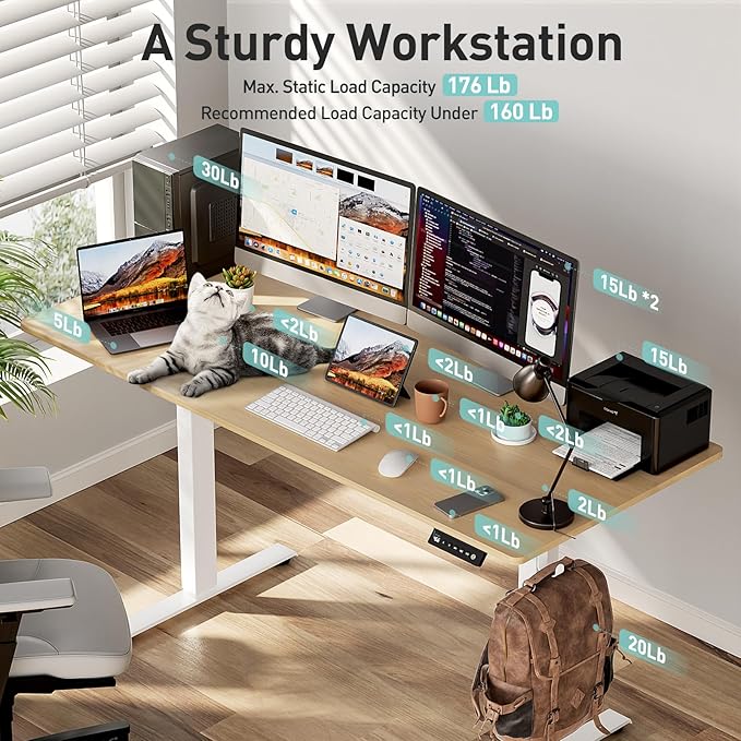 Electric Standing Desk Height Adjustable Desk 63 inch 4 Memory Height Ergonomic Sit Stand up Desk for Home Office Oak 2 Split Boards