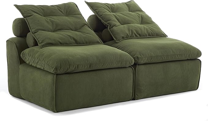 JUSTONE Modular Floor Sofa 2-Seater Armless Chair with Neck Pillow Soft Corduroy Fabric for Living Room Apartment Guest Room Green