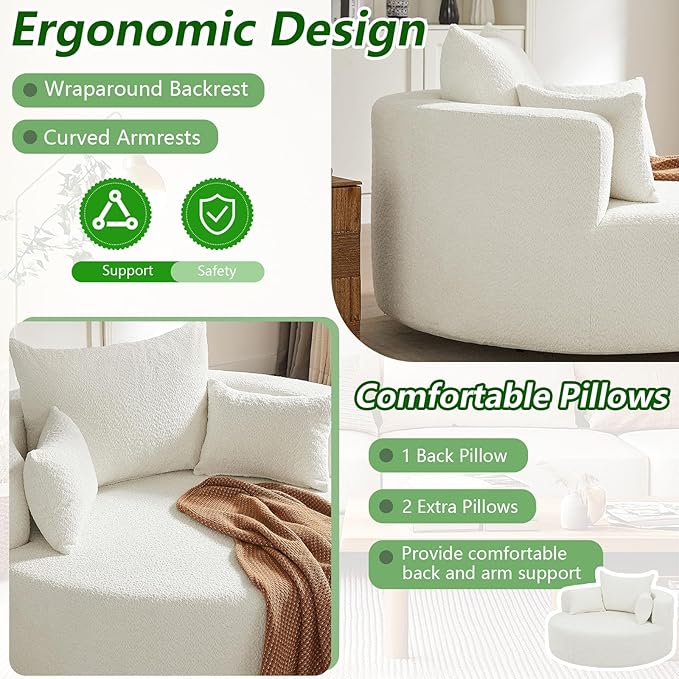 55.1 W Oversized Swivel Accent Chair Large 360° Rotating Barrel Chair with 6 Pillows Comfy Chenille Round Swivel Armchair for Living Room Bedroom Beige
