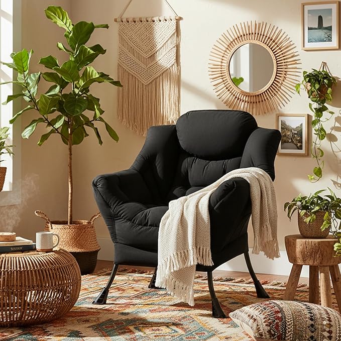 Welnow Lazy Chair for Living Room Modern Reading Accent Chair with Armrests and a Side Pocket Leisure Upholstered Lazy Sofa for Small Space Bedroom Dorm Black