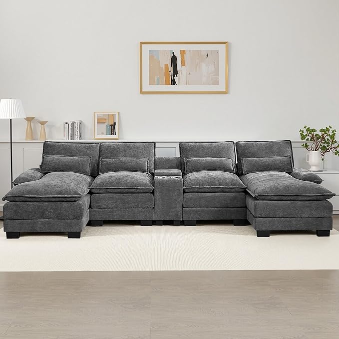 125 U Shaped Cloud Modular Sectional Couch for Living Room Small Comfy Chenille Sofa with Double Chaise Lounge Storage Central Console Cup Holders USB PortGrey