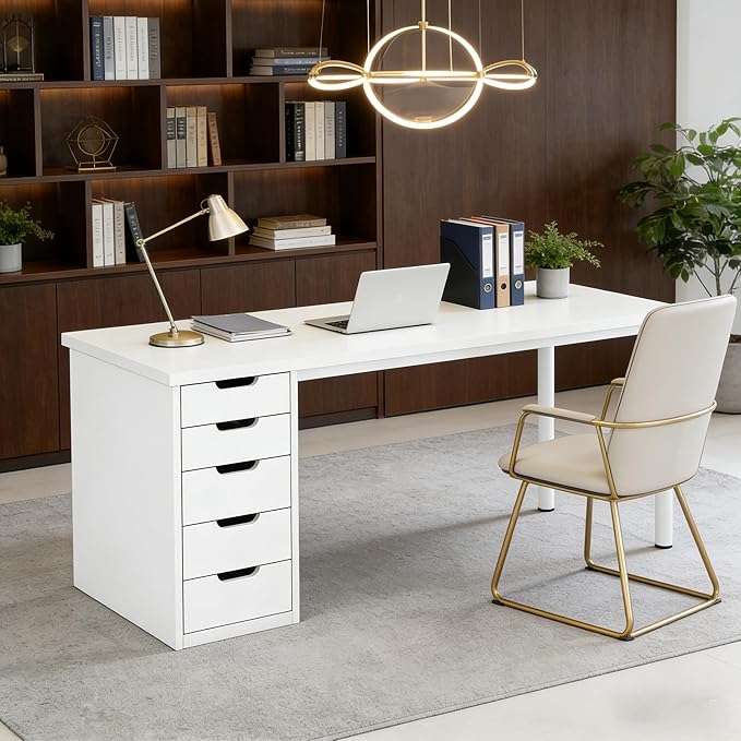 Computer Desk with 5 Drawers 47 Inch Reversible Executive Office Desk with File Storage Drawers Industrial Study Writing Table Corner Desk for Home Office (White)