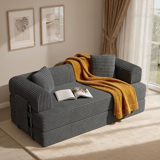 Convertible Coarser Corduroy Sleeper Sofa Bed with Cylindrical Pillow Folding Mattress Couch with Fixed-Shape Frame Floor Sofa Lounge Couch for Living Room Bedroom Lounge Studio Dark Grey