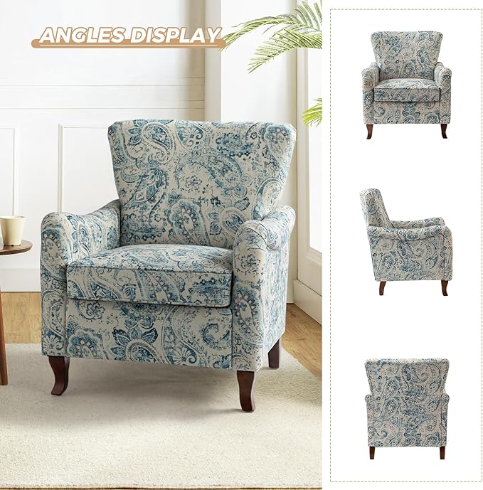 HULALA HOME Floral Accent Chair Set of 2 Modern High Back Armchair with Wooden Legs Comfy Wingback Chair Upholstered Accent Single Sofa Chair for Living Room &amp Bedroom Blue