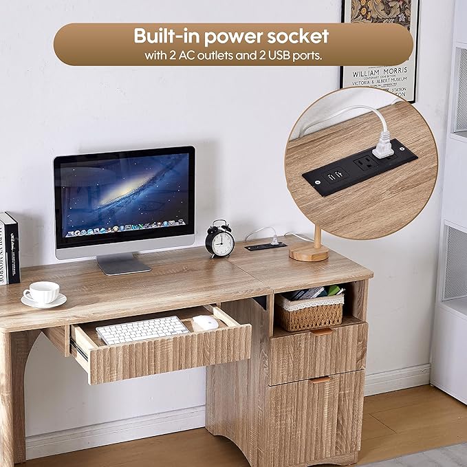 55 Modern Computer Desk with Keyboard Tray Built-in Power Outlets Fluted Design 2-in-1 Main Drawer &amp Adjustable File Drawer Office Desk for Home Workspace (Light Oak)