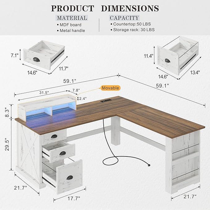 L Shaped Desk with Monitor Stand Farmhouse Computer Desk with Led Light and Power Outlet Executive Desk for Home Office Room Workstation with File Cabinet for Working Gaming Antique White