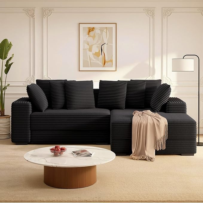 111'' Modular Sectional Cloud Couches with Chaise L Shaped Extra Large Sleeper Couch Reversible Fluffy Corduroy with 8pcs Pillows for Living Room(Black Right Facing Chaise)