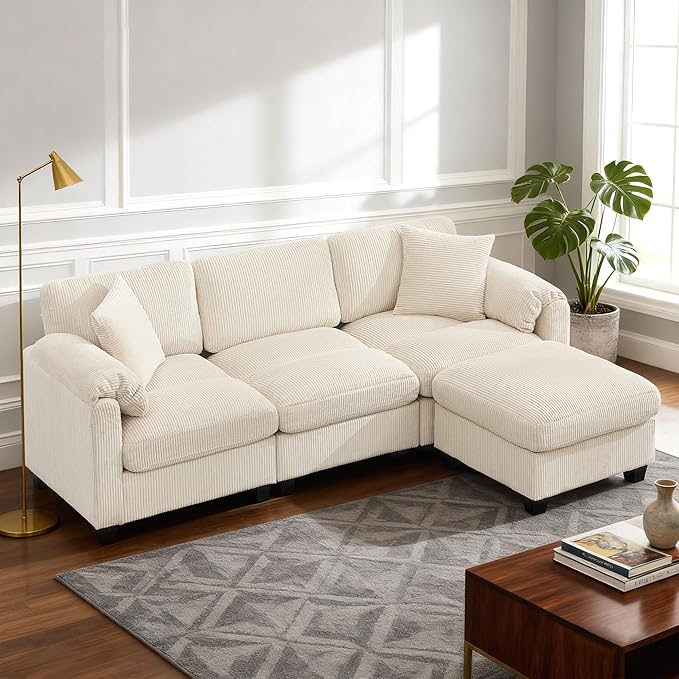 Modular Sectional Sofa with Ottoman3-Seater Corduroy Cloud Sofa Couch with 2 Pillows88.2'' L-Shaped Deep Seat Sofa with Thick CushionModular Couches for Living RoomBeige3 Seater &amp Ottoman