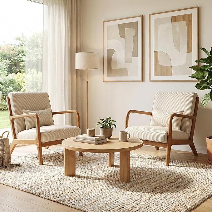 Giantex Modern Accent Chair Corduroy Upholstered Lounge Chair with Rubber Wood Armrests Lumbar Pillow Sponge Padded Seat Cushion Comfy Reading Chair for Living Room Bedroom (1Beige + Brown)