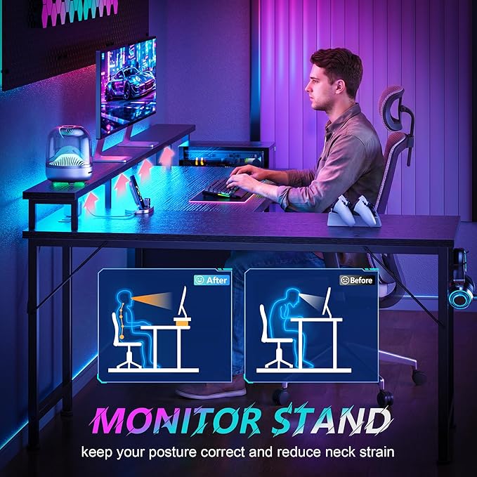 66'' L Shaped Gaming Desk with Drawers and Storage Shelves Reversible Corner Desk with Power Outlets and Host Stand Large Computer Desk with Led Lights for Gaming Work Home Office Black