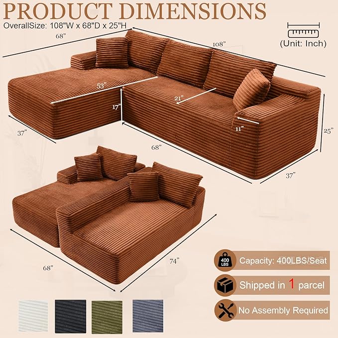 108 Cloud Modular Sectional Couch with Moveable Ottoman Modern Minimalist Upholstered Boneless Couch Deep Seat Corduroy Corner Couches (Orange 108 Left Facing Chaise)