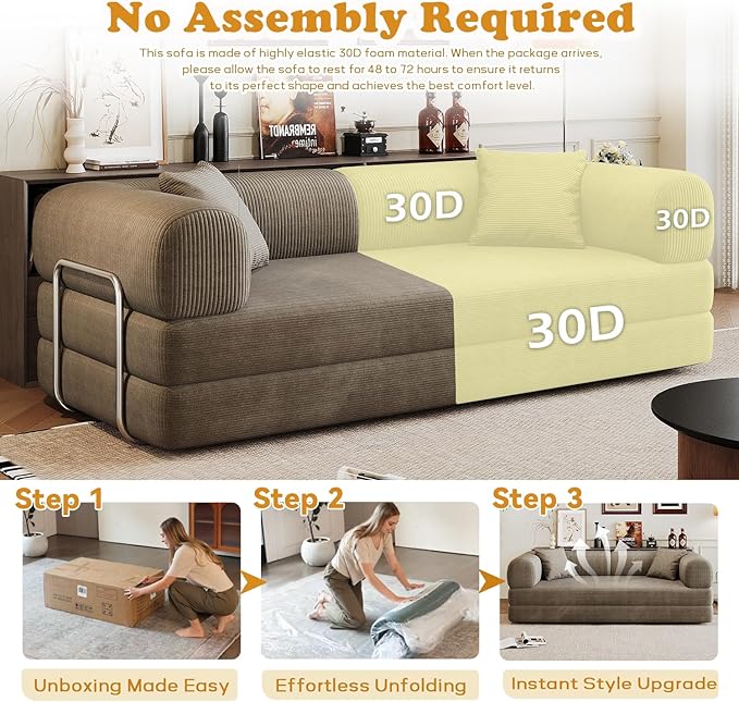 78.8 Modern Convertible Floor Sleeper Sofa Bed Corduroy Modular Boneless Couch with Silver Fixed-Shape Frame No Assembly Futon Cloud Loveseat with Pull-Out Bed for Living Room (Camel)
