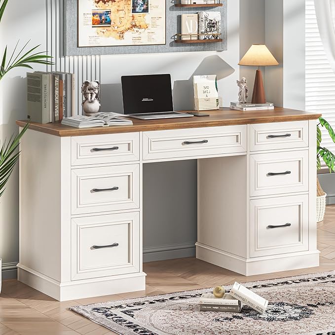 Vabches Farmhouse 59'' Executive Desk with File DrawersLarge Wood Home Office Workstation with Ample StorageRustic Writing Desk for Study.