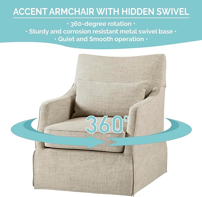 Martha Stewart London Swivel Chair - Solid Wood &amp Plywood Skirted Metal Base Accent Armchair Lumbar Pillow -Modern Classic Family Room Sofa Furniture Bedroom Lounge 28X31.5X35.25 Beige Mult