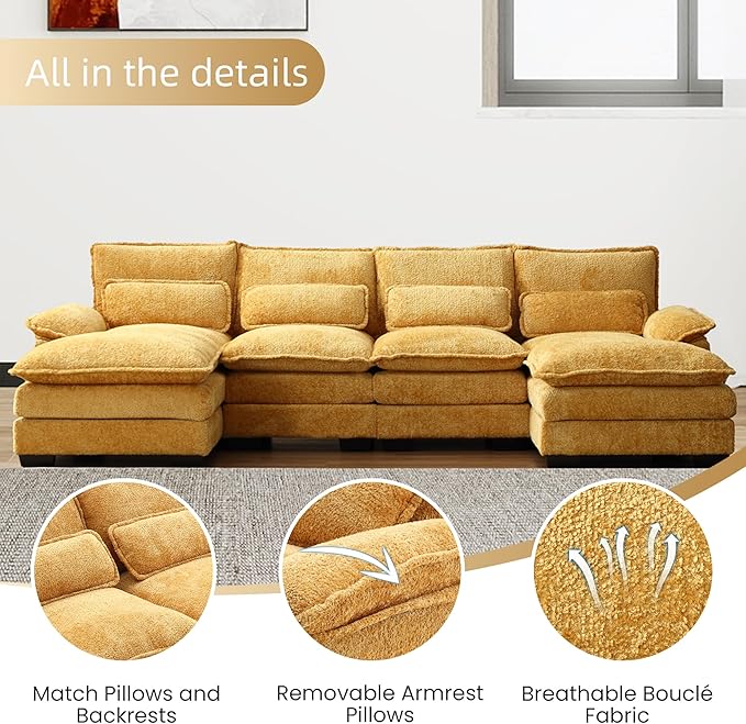 U Shape Sectional Sofa Cloud Couch 110.6 Modern Chenille Comfy Modular Couch 4 Seat Upholstery Sofa with Double Chaise for Living Room Yellow