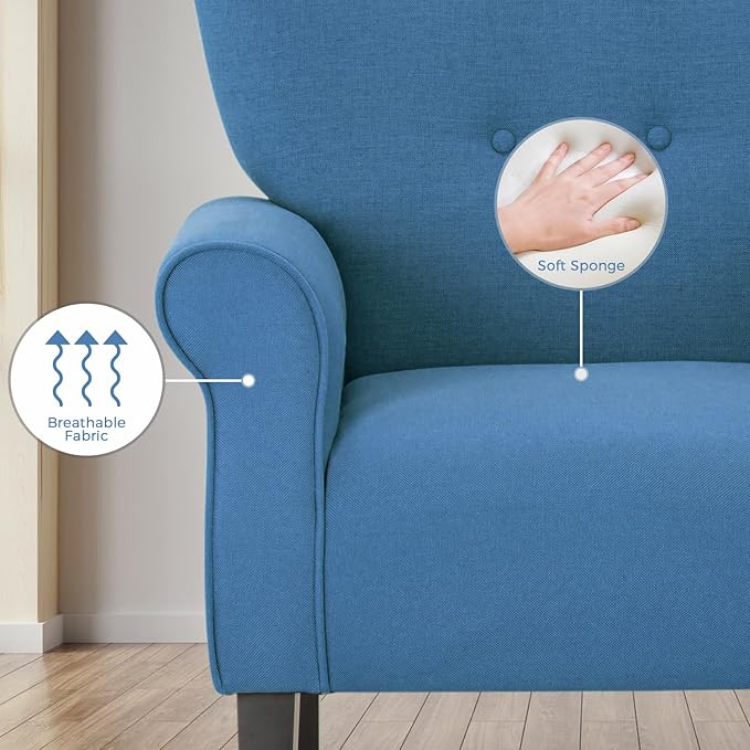 MELLCOM Mid Century Wingback Arm ChairModern Upholstered Fabric High Back Accent Chair with Wood LegsUpholstered Single Sofa Club Chair for Living Room Bedroom Home Office Blue