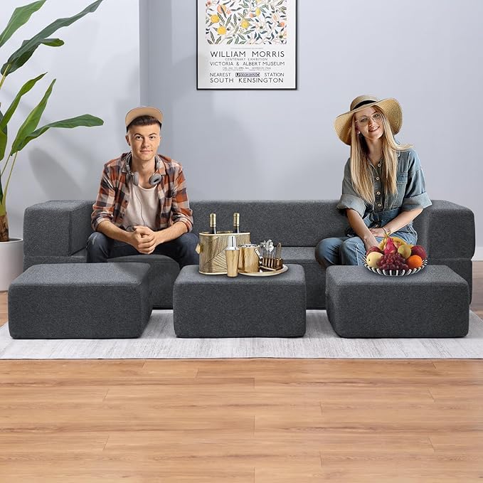 PUREMIND 10 Inch Folding Sofa Bed Velvet Convertible Floor Sleeper Sofa with 3 Ottomans Upholstered 2-in-1 Fold Out Couch Bed Queen Size Guest Bed Foldable Mattress for Living Room Office