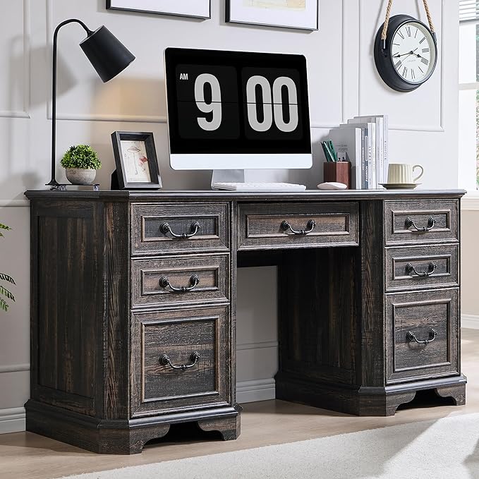 T4TREAM 59 Farmhouse Executive Desk with DrawersWood Home Office Computer Desk Featuring Keyboard TrayCharging StationFile Drawer Storage Cabinetfor Work and Study (Dark Rustic Oak)
