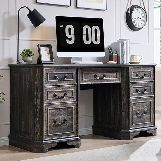 T4TREAM 59 Farmhouse Executive Desk with DrawersWood Home Office Computer Desk Featuring Keyboard TrayCharging StationFile Drawer Storage Cabinetfor Work and Study (Dark Rustic Oak)