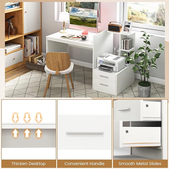 Tangkula White Desk with 2 Storage Drawers &amp Bookshelf Home Office Desk with Corner Bookshelf &amp Printer Stand Small Writing Study Desk for Small Space Modern Vanity Table for Bedroom (White