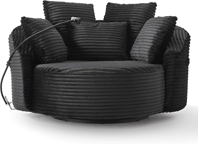 360° Swivel Accent Chair with 5 Throw Pillows Adjustable Phone Holder Corduroy Fabric Round Sofa Chair Barrel Chair with Semi-Wraparound Design for Living Room Office and Hotel (Black1)
