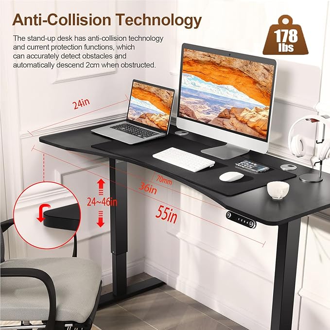 55 x 24 in Electric Standing Desk Adjustable Height Stand up Desk with Ergonomic Curved Desktop &amp Mouse Pad Multifunctional Home Office Desk（Black