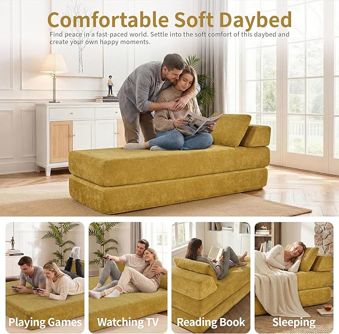 Convertible Chaise Lounge Chair Indoor Boneless Cloud Couch with 2 Pillows Sleeper Sofa for Living Room Bedroom Reading Nook- No Need Assembly (Yellow)