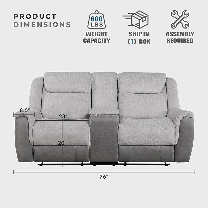 Lexicon Manual Reclining Loveseat for Living Room Chenille Double Recliner Loveseat Center Storage Console/Home Theater Seating/Wall Hugger/Padded Headrest Required Assembly Two-Tone Gray