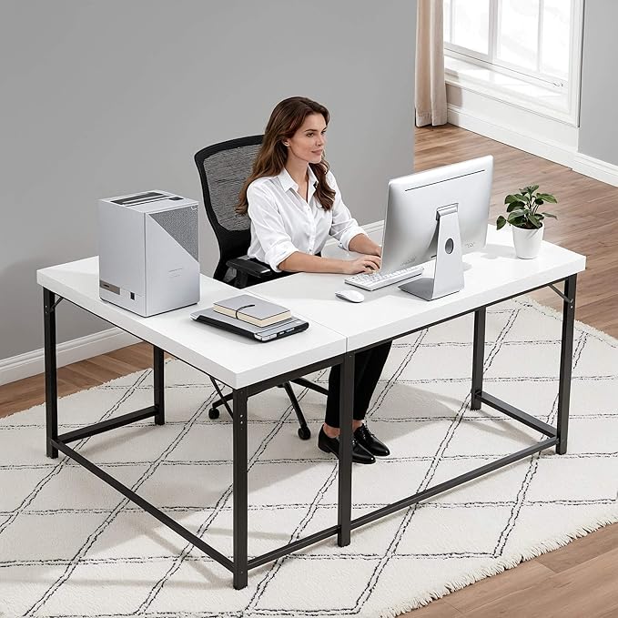 ivinta L Shaped Desk Modern Corner Home Office Computer Desk with 2 Thicker Desktop for Study Work Simple Reversible Worksation with Metal Frame for Bedroom Living Room Novas (White)